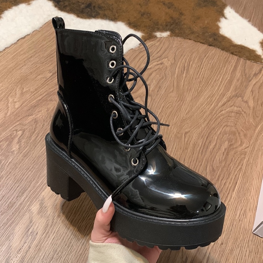 Black Shiny Lace-up Combat Boot with Heel